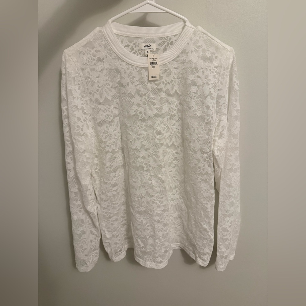 Aerie Floral Lace Long Sleeve Top - White